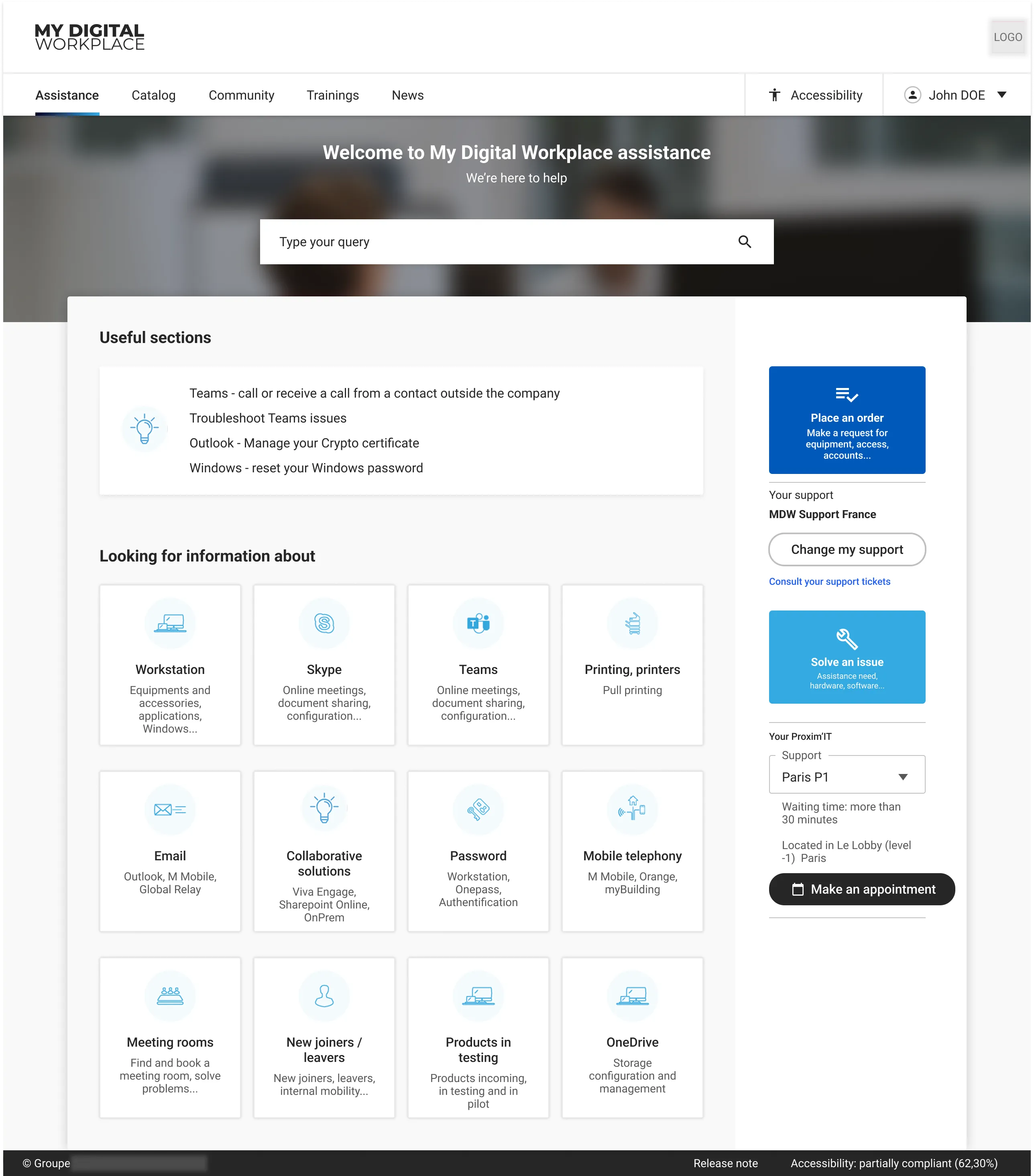 Step 1 — the Assistance page before Helia: a search bar and topic grid, no assistant