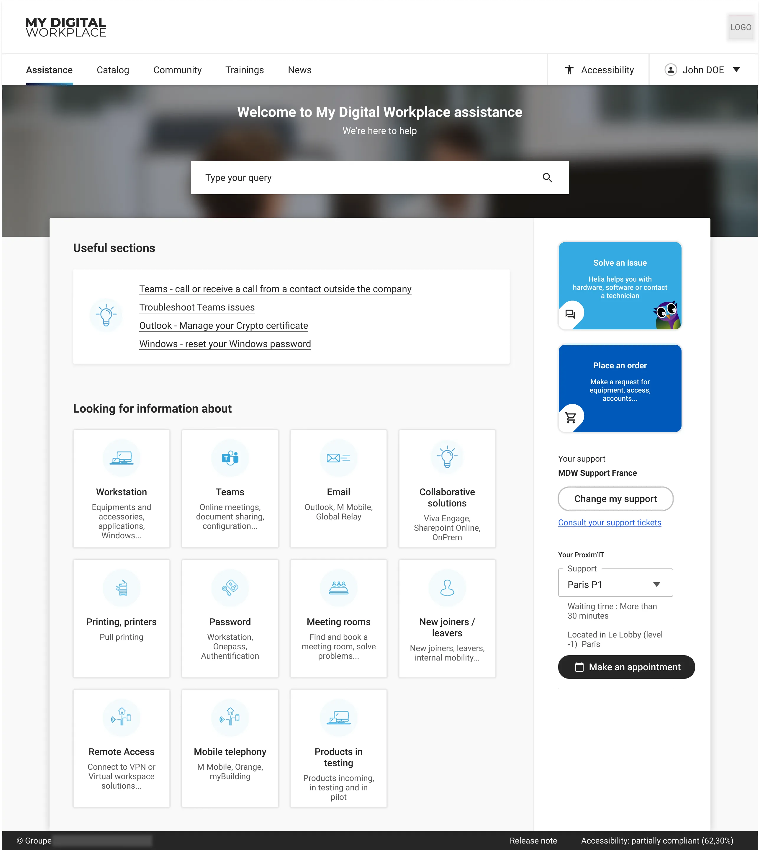 Step 2 — Helia arrives as a 'Solve an issue' entry card in the Assistance sidebar