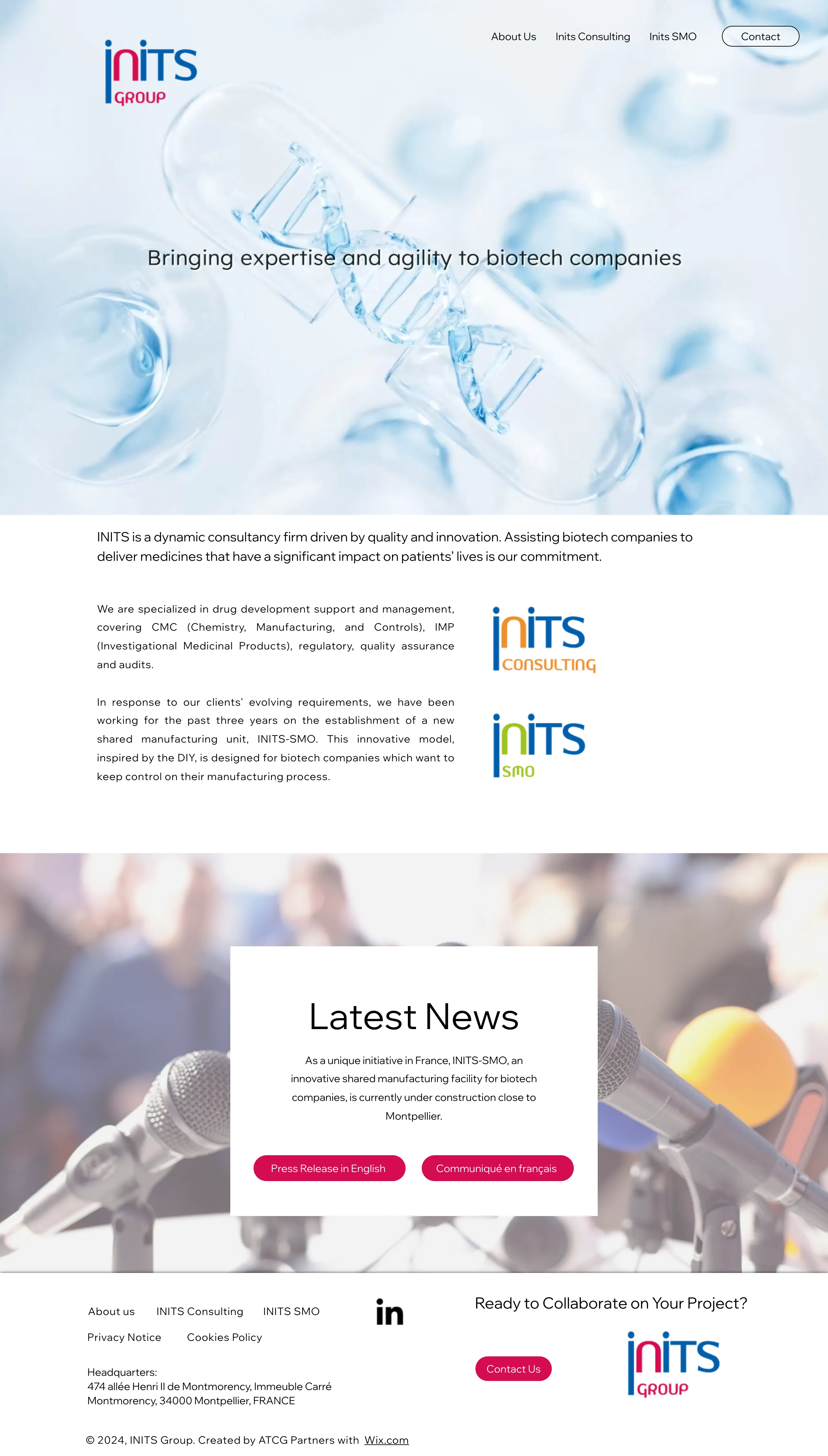 The full original INITS homepage, from its video hero through the service descriptions, news and footer.