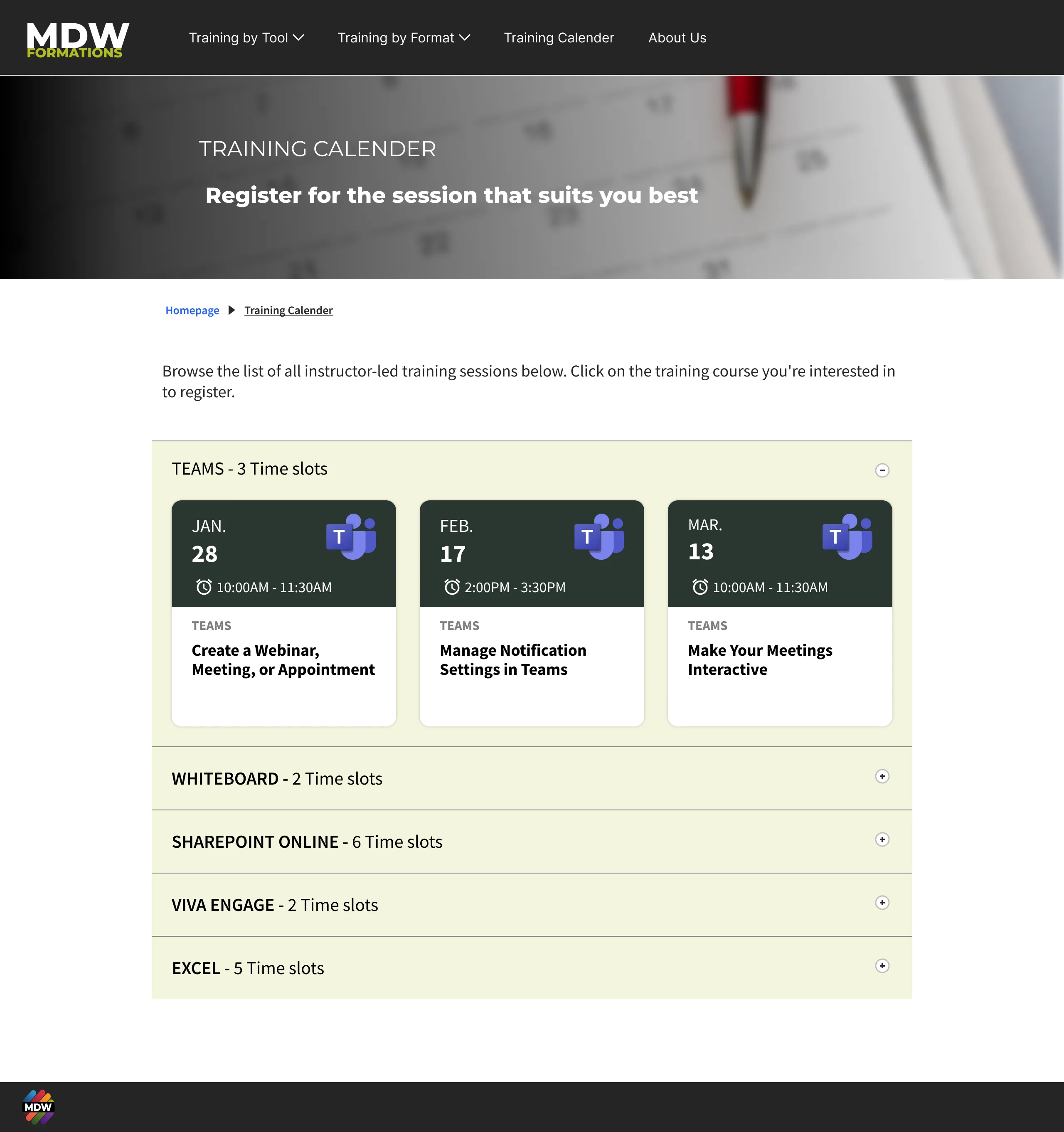 Full training calendar design with sessions grouped by tool.