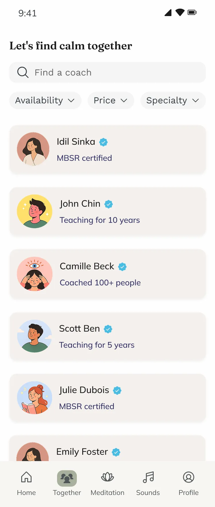 Browse the coach directory, open a coach profile and explore available sessions.