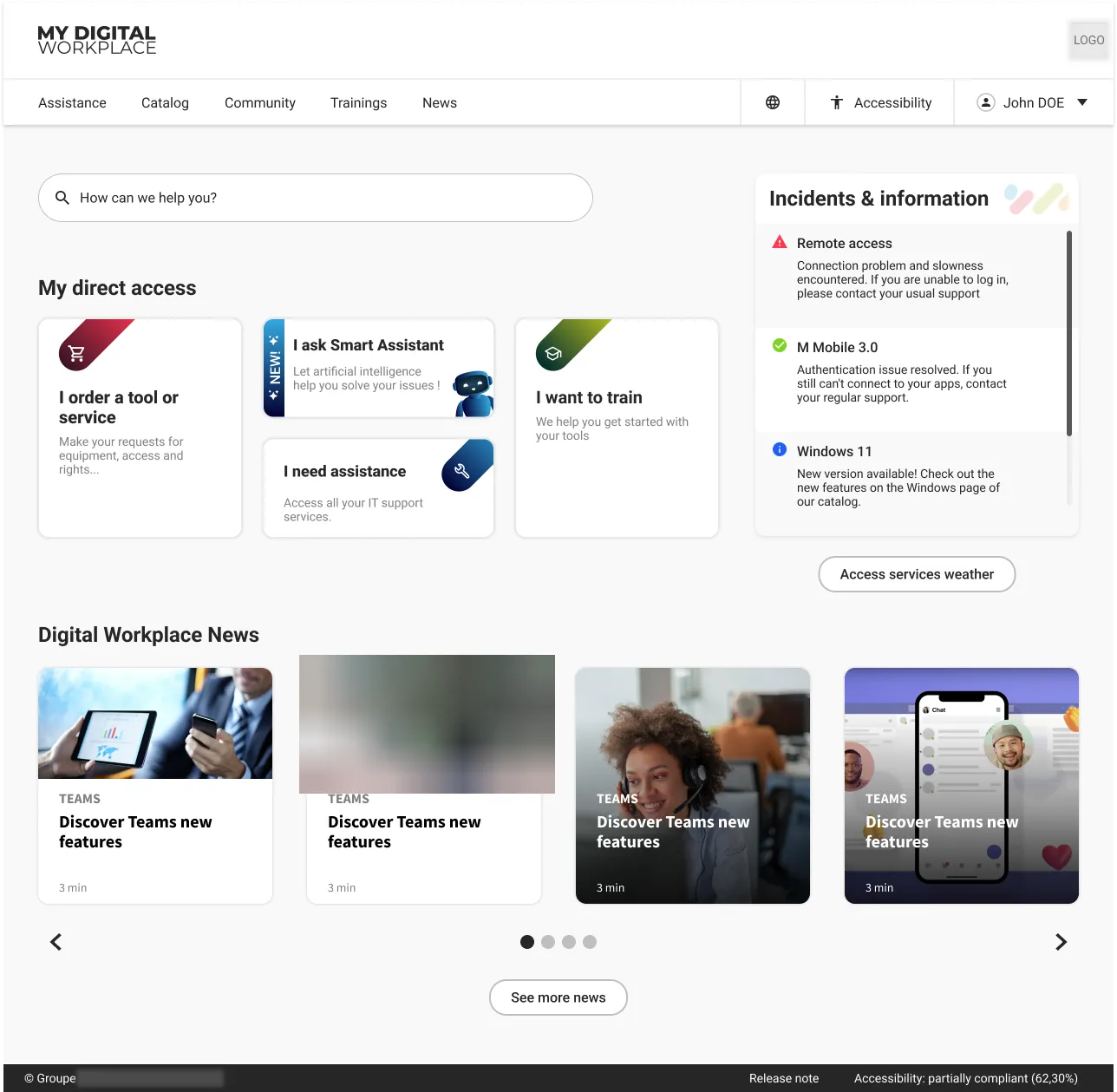The old portal homepage: the assistant appears only as a small 'I ask Smart Assistant' card