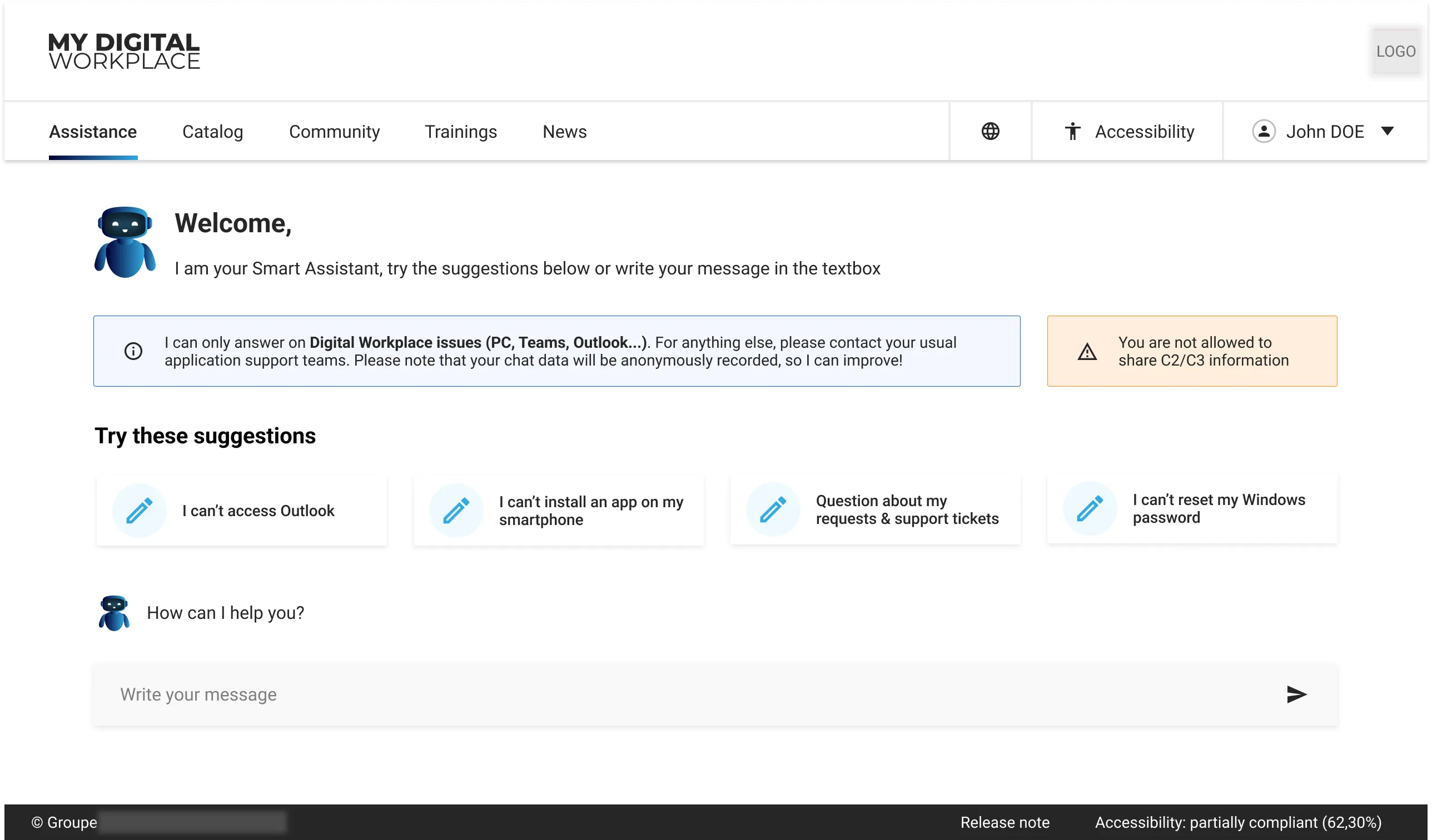 The original proof of concept: a generic robot-branded Smart Assistant chat page