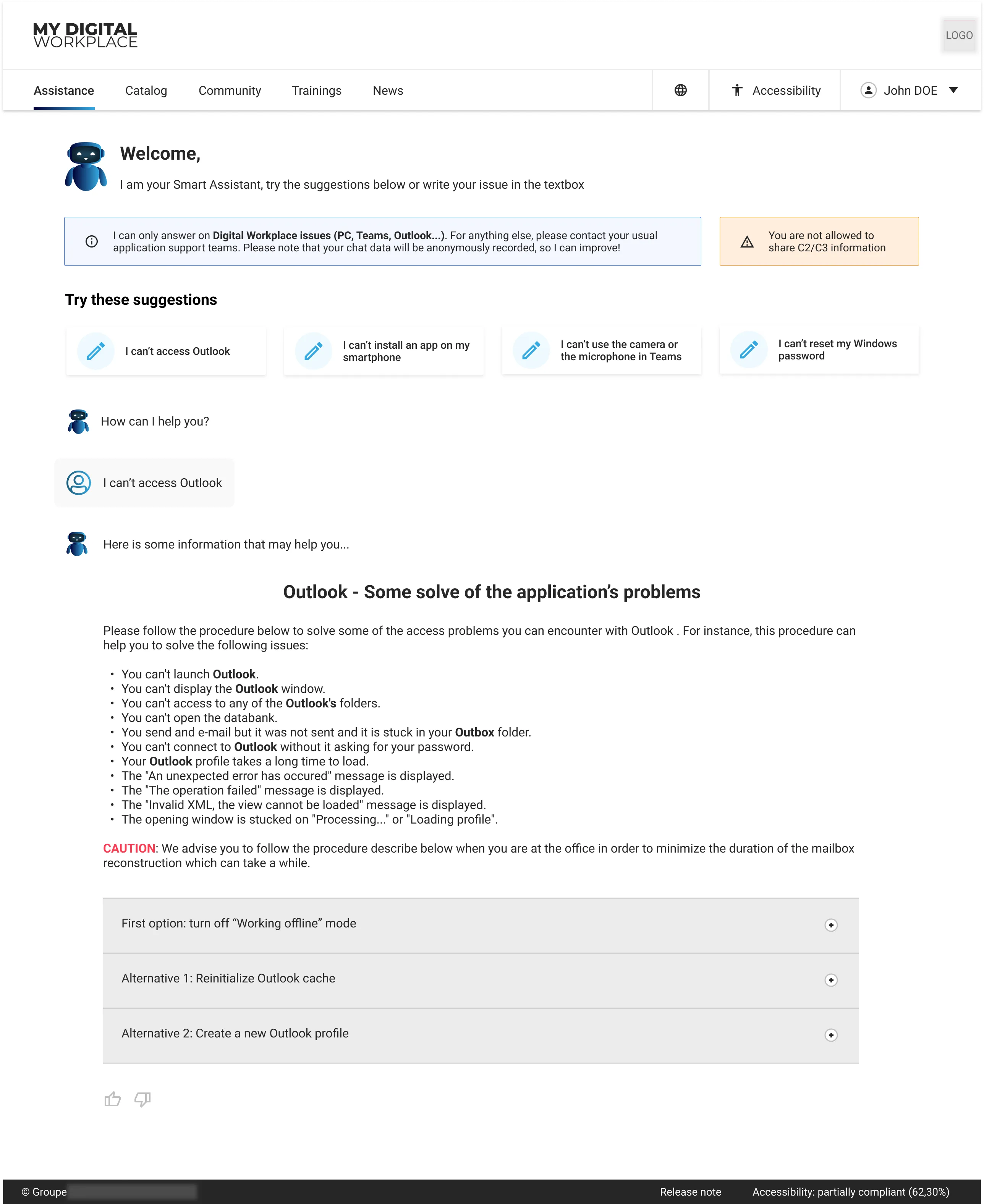 The proof of concept's dialog view: a raw knowledge-base article dumped into the chat as an answer