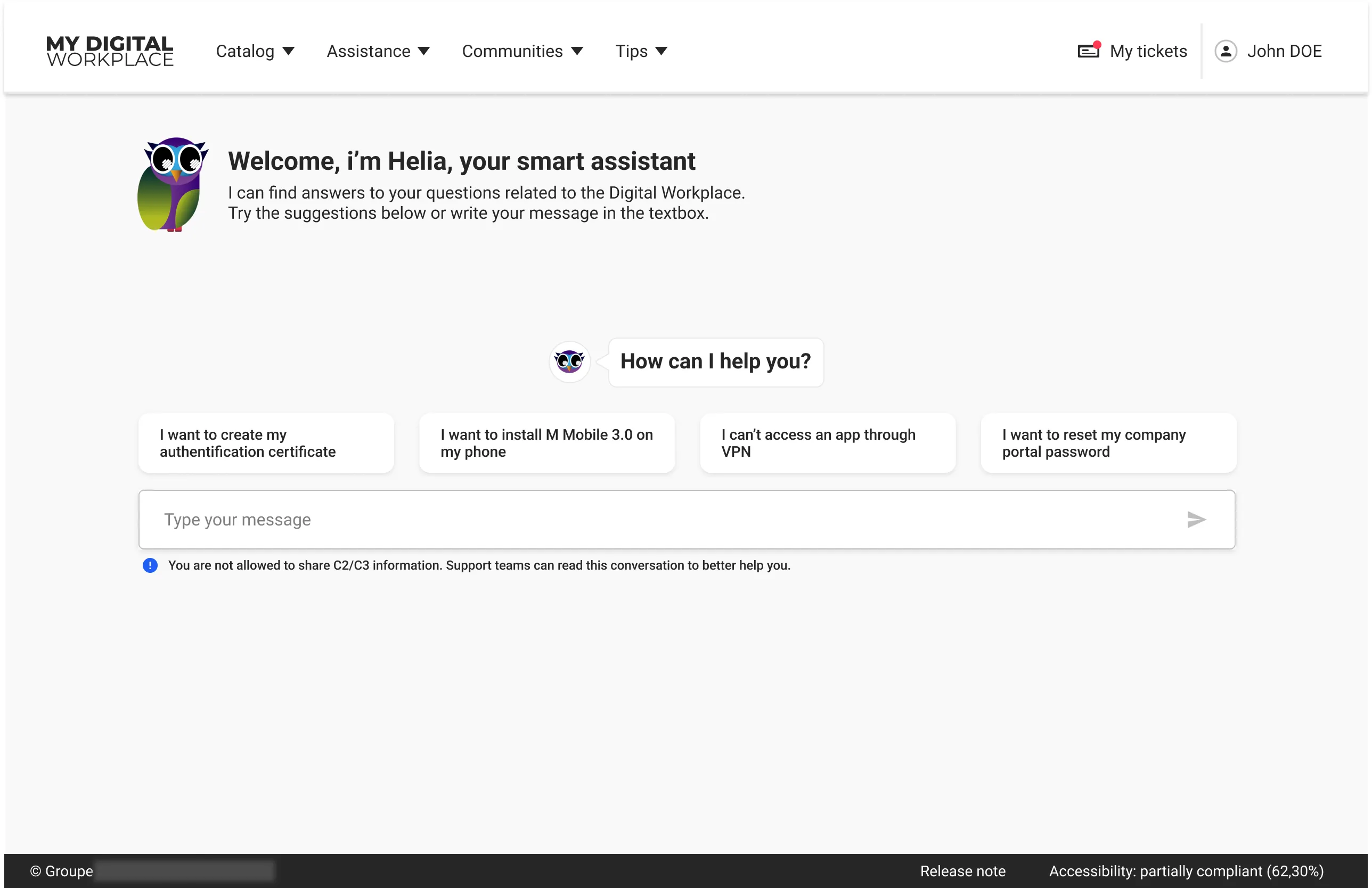 Helia in production: welcome message, suggested questions, data-safety notice and open input