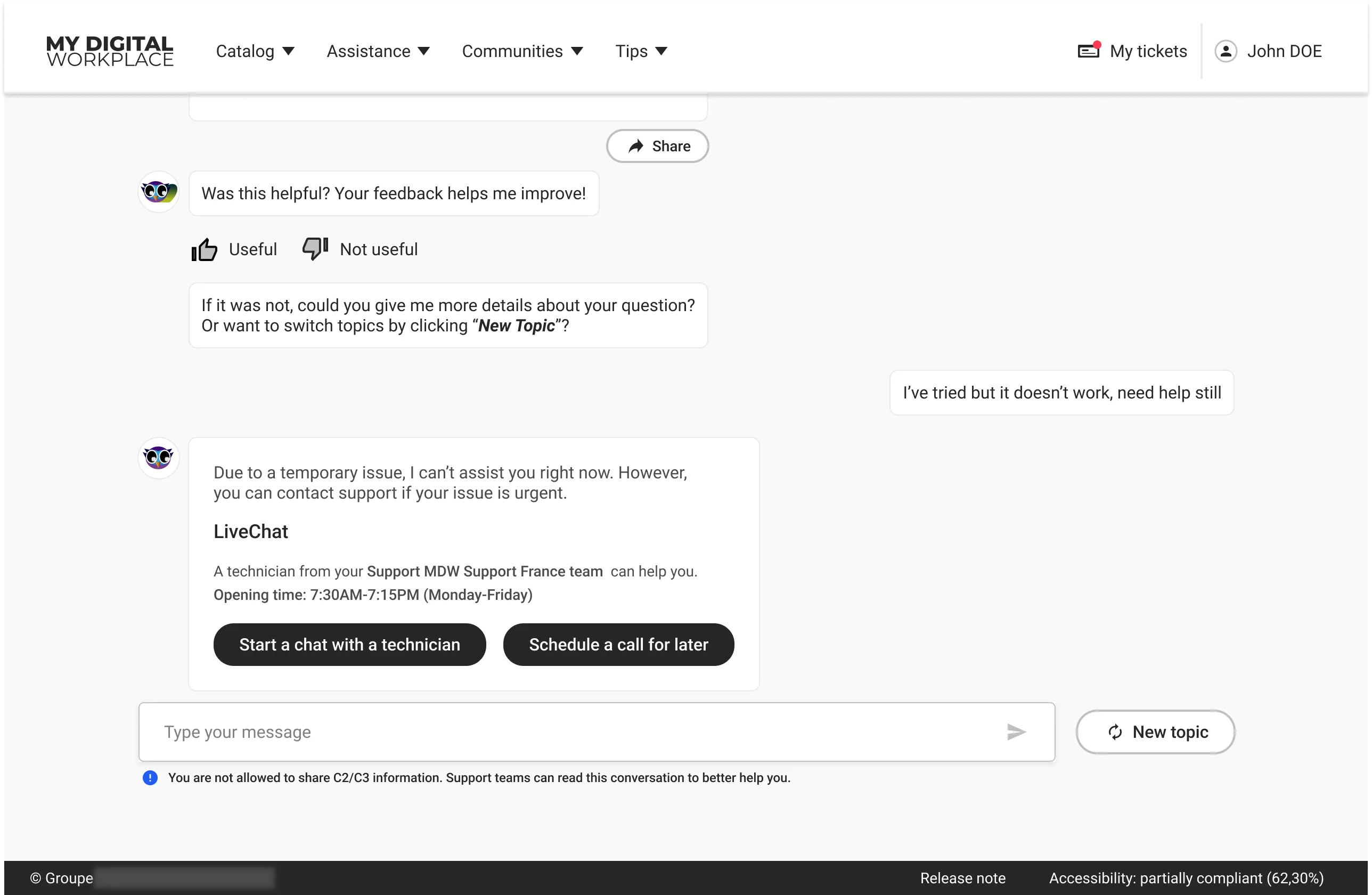 Escalation: when Helia can't help, it offers live chat with a technician or scheduling a call