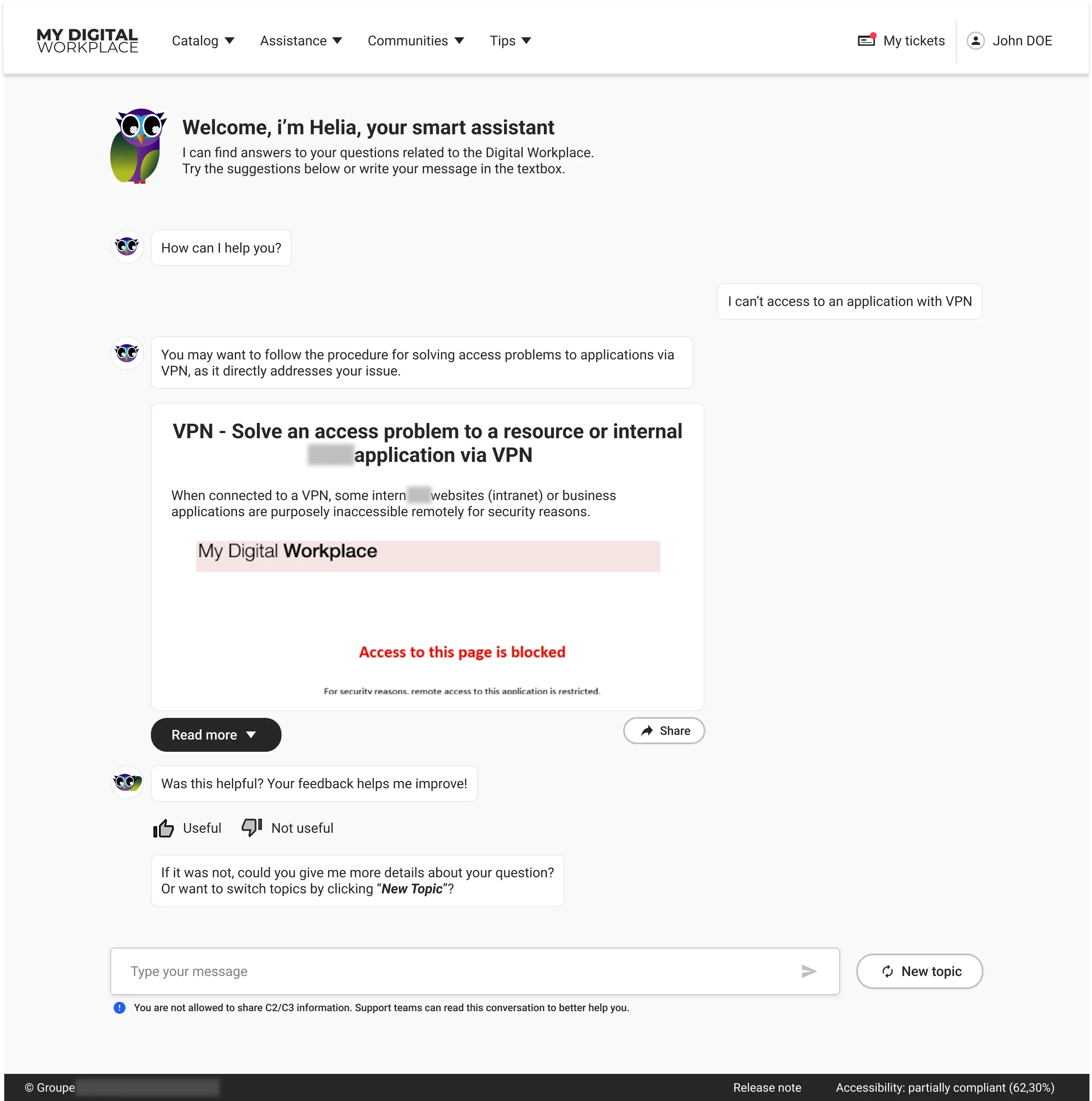 An answer with Read more expansion, share action and useful / not useful feedback