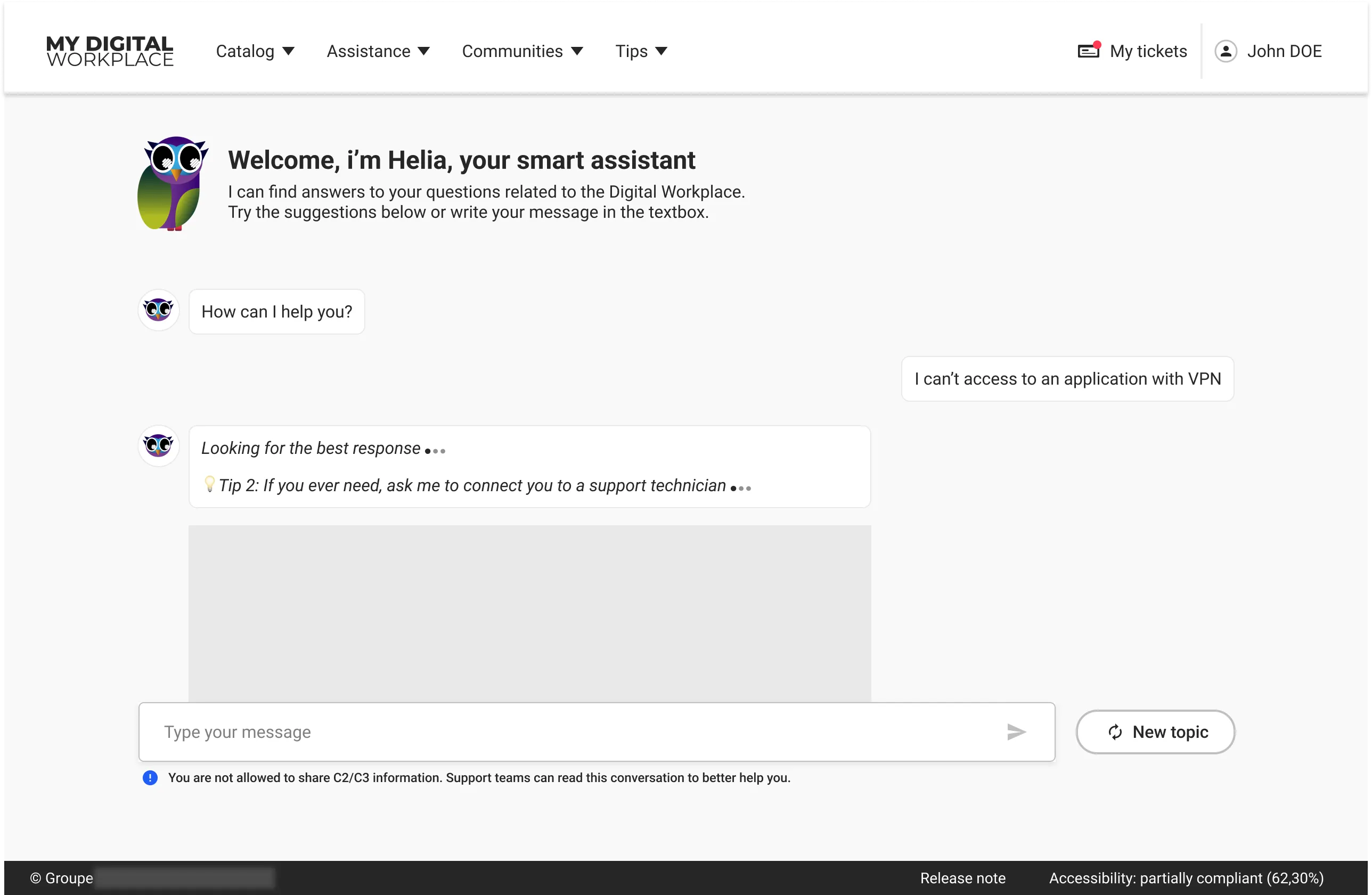 Helia's loading state: 'Looking for the best response' followed by a rotating tip