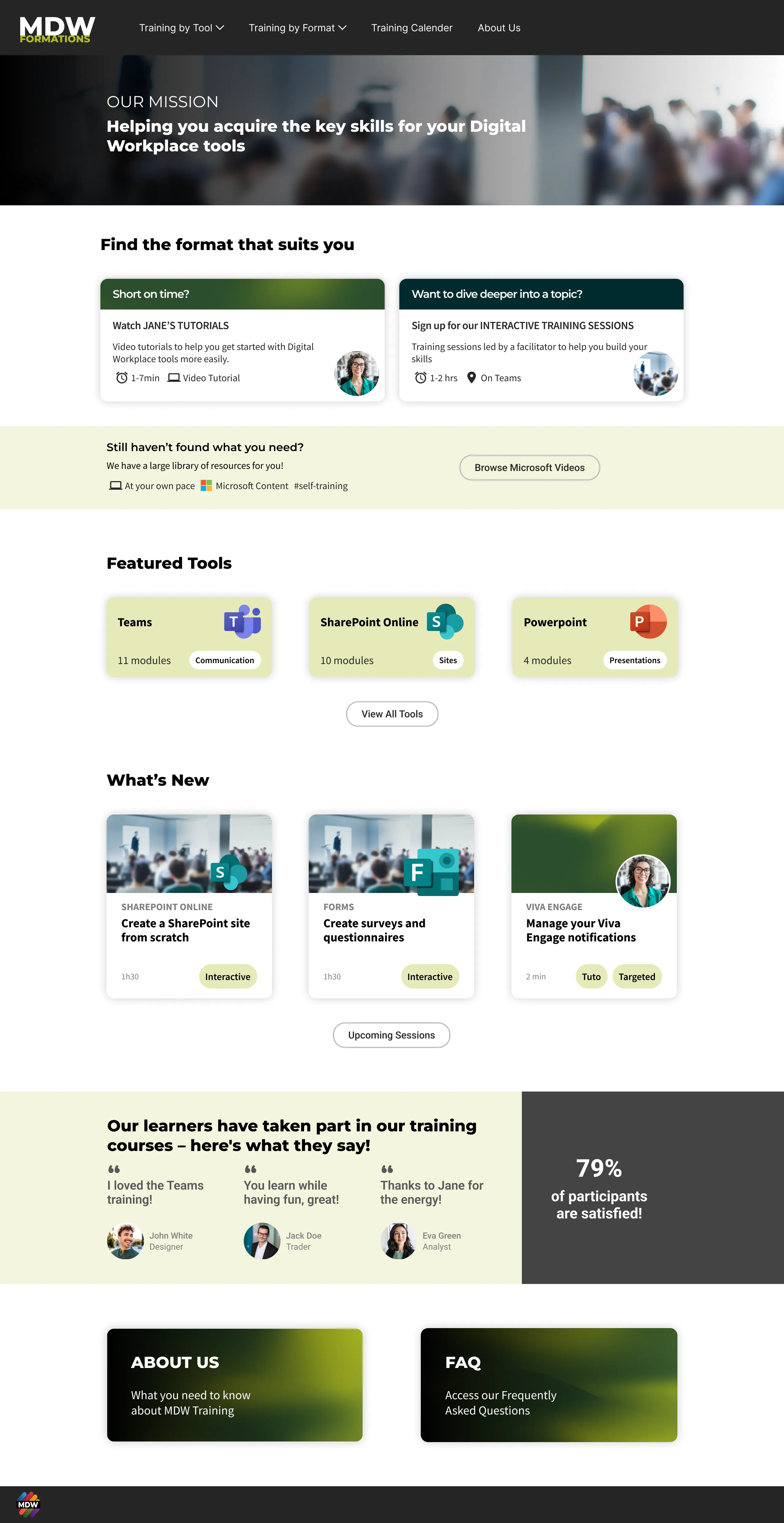 The full redesigned MDW Formation homepage: navigation, mission banner, learning formats, Microsoft resources, featured tools, new training, learner feedback, About and FAQ.