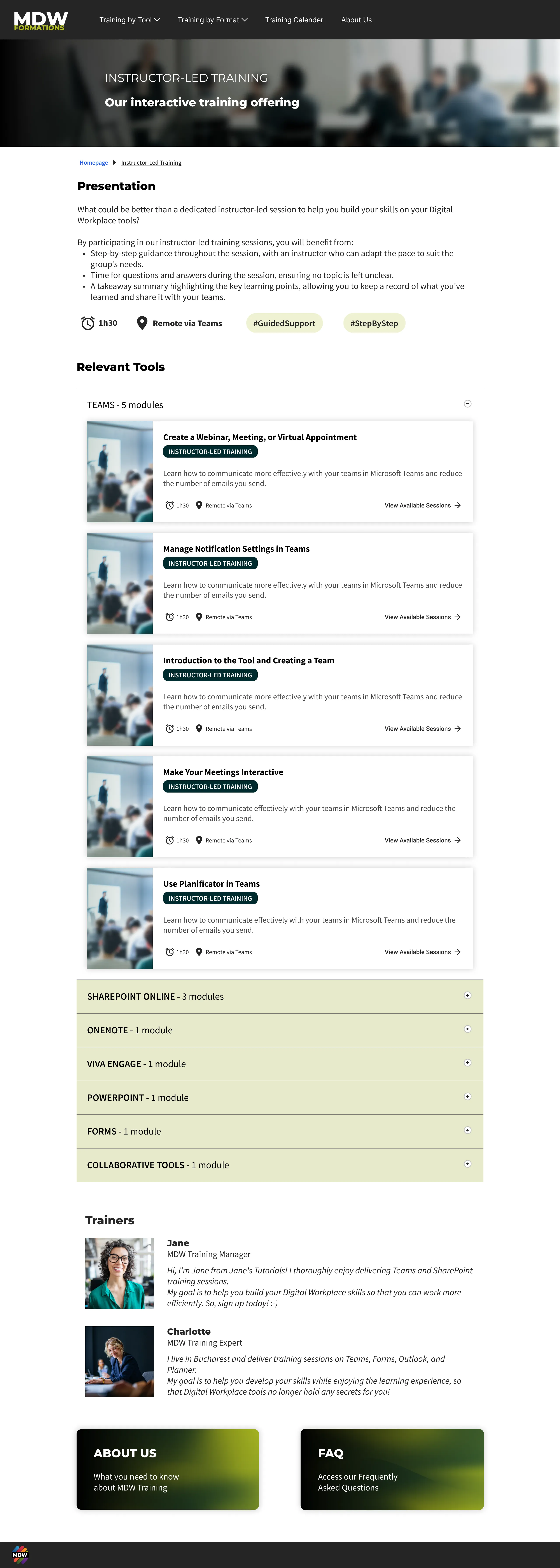 The full instructor-led training page: a presentation block, then every tool group with its sessions, and the trainers who deliver them.