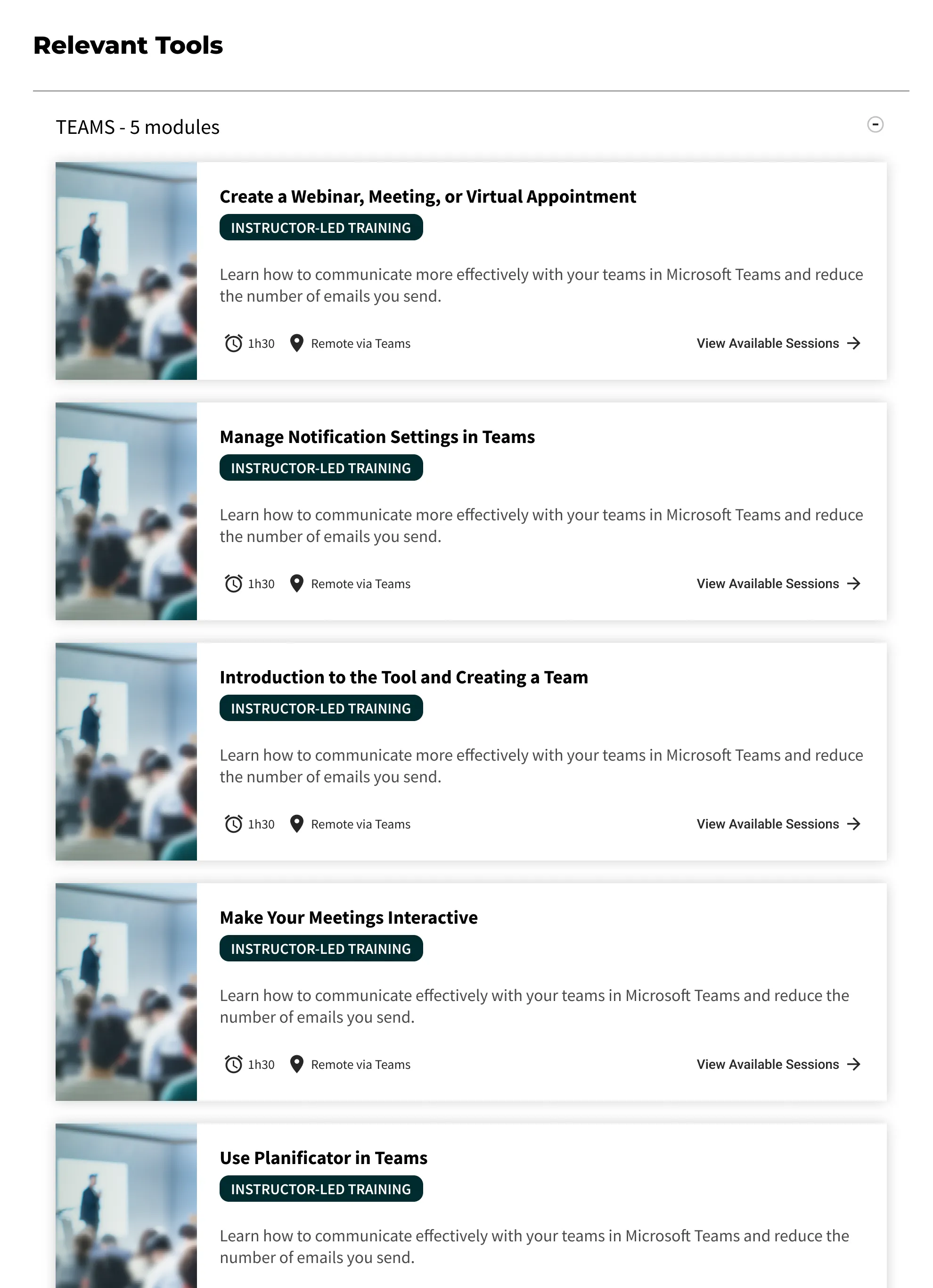 Within the instructor-led format page, one tool group is expanded into a list of sessions while other tool groups are collapsed.