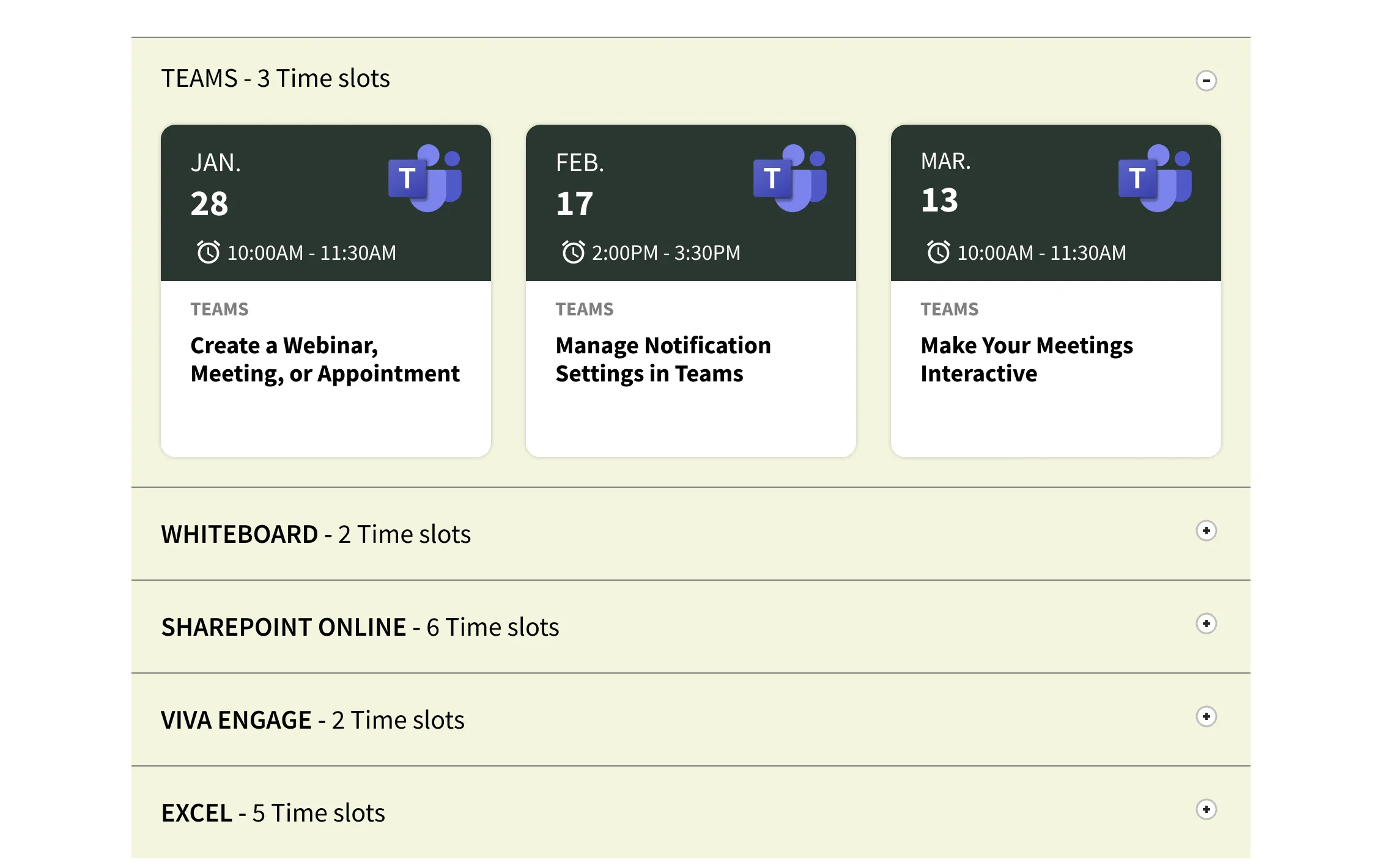 Three Teams sessions with dates, times and course titles.