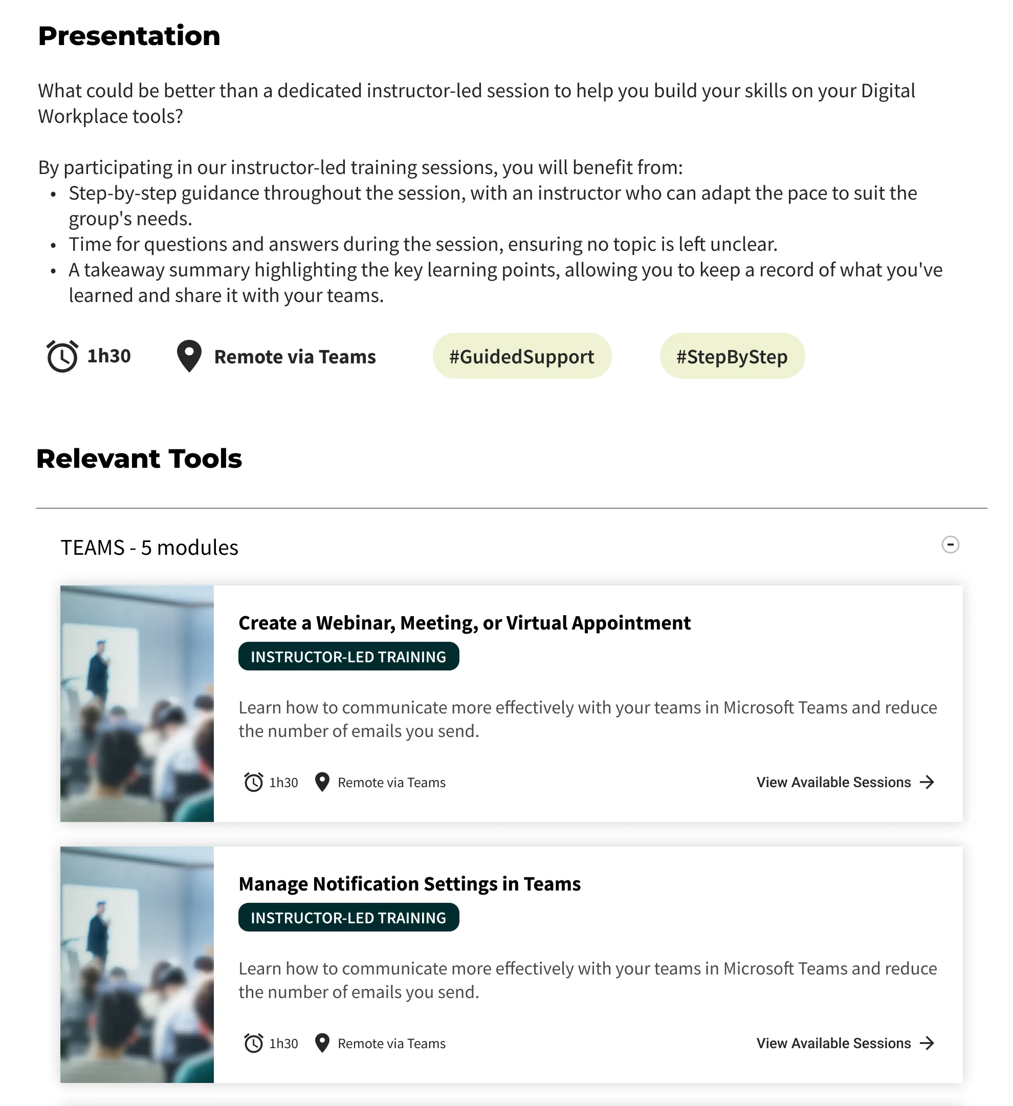 The instructor-led training format page: a presentation block with duration and delivery mode, then tools grouped in accordions with a list of sessions.