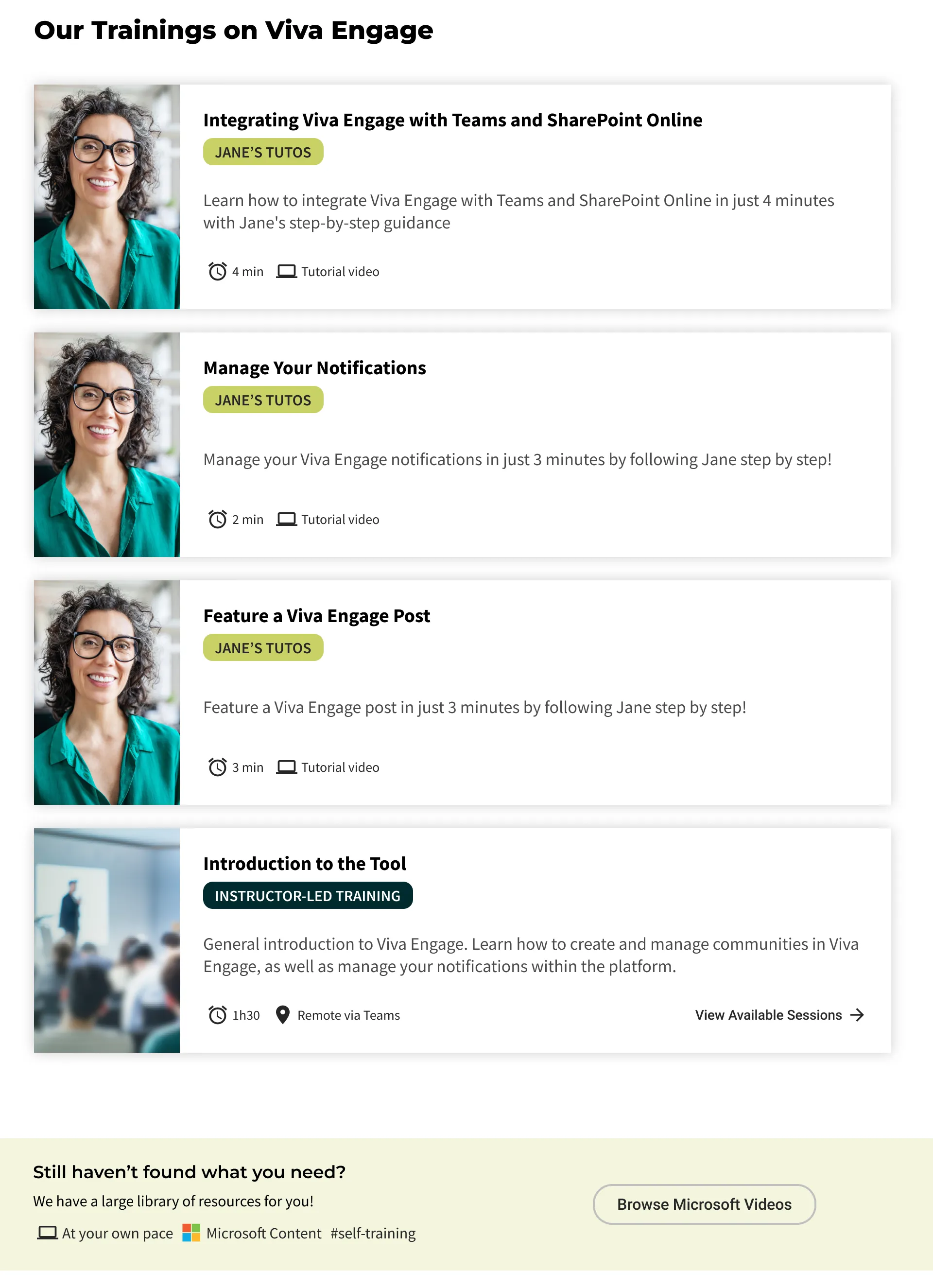 The Viva Engage tool page lists tutorials and live sessions together, with a title, format and duration for each course.