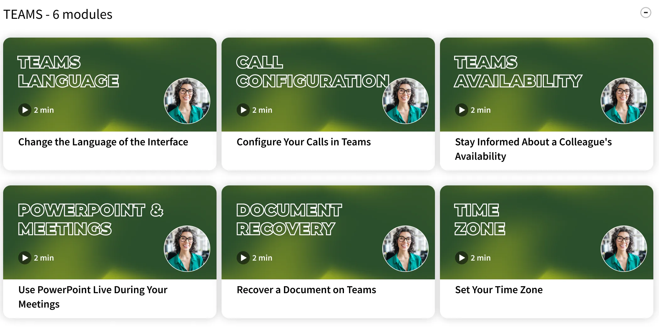 Jane's Tutorials: six cards with individual topic thumbnails and durations.