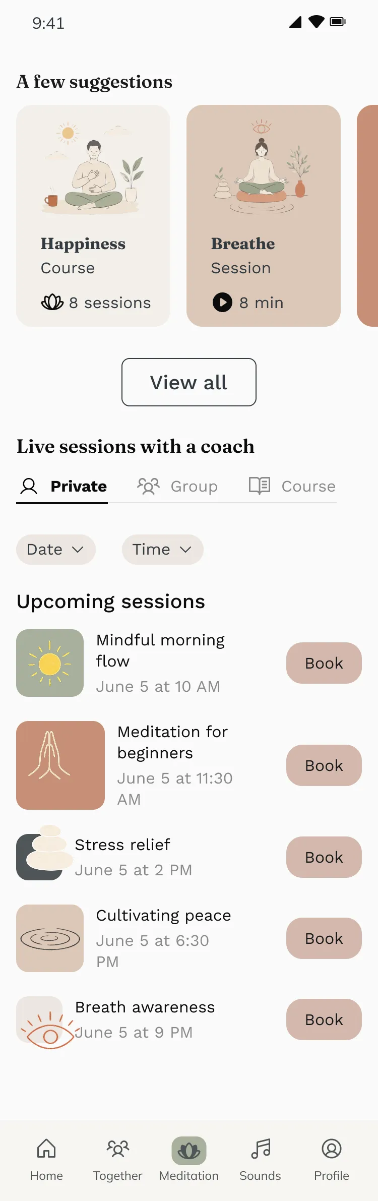 Personalized homepage after onboarding, followed by opening a session to view its details.