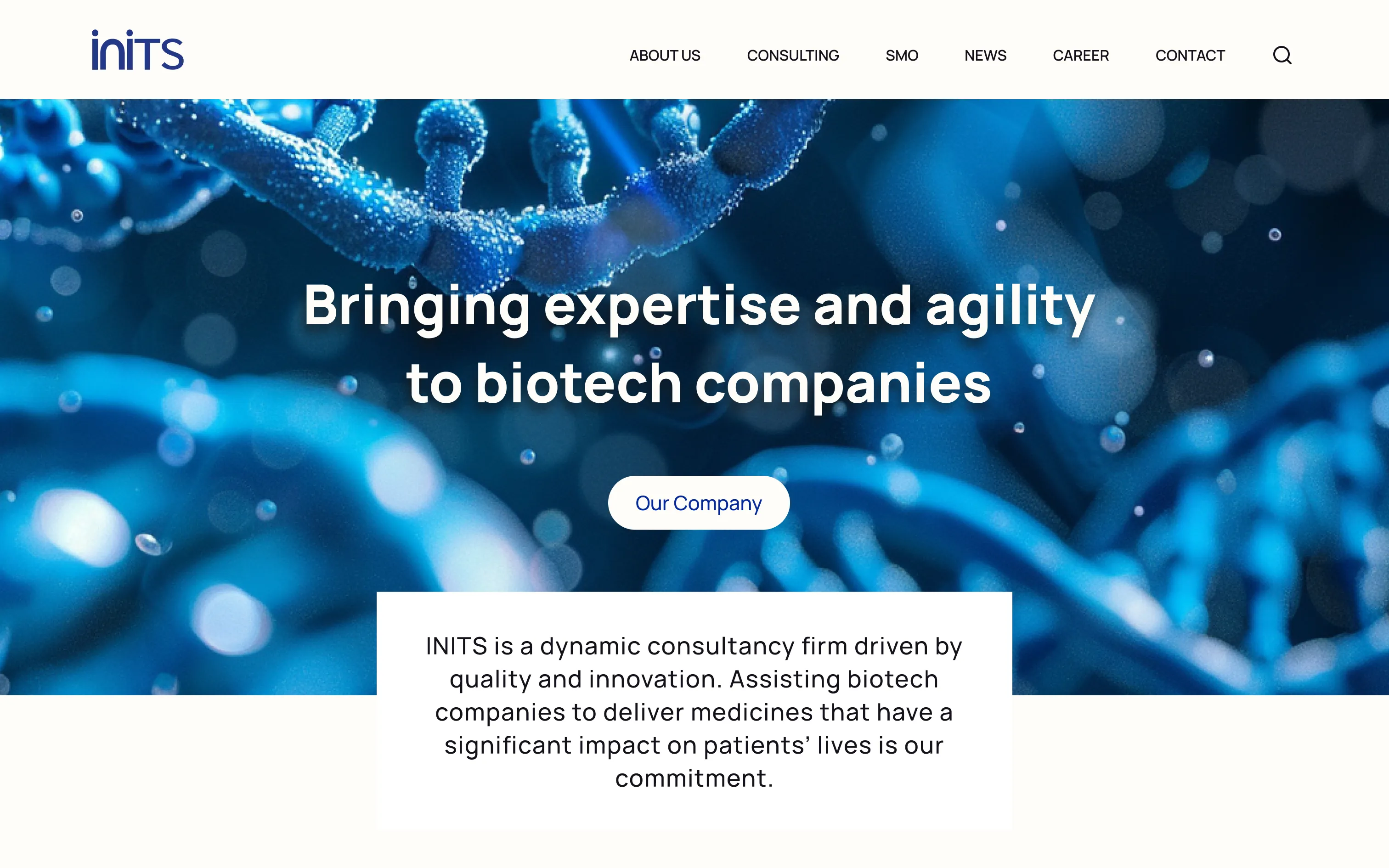 The redesigned INITS homepage: one blue logo, navigation on a solid bar, a still hero image with the tagline over it, and a white panel below stating what the company does.