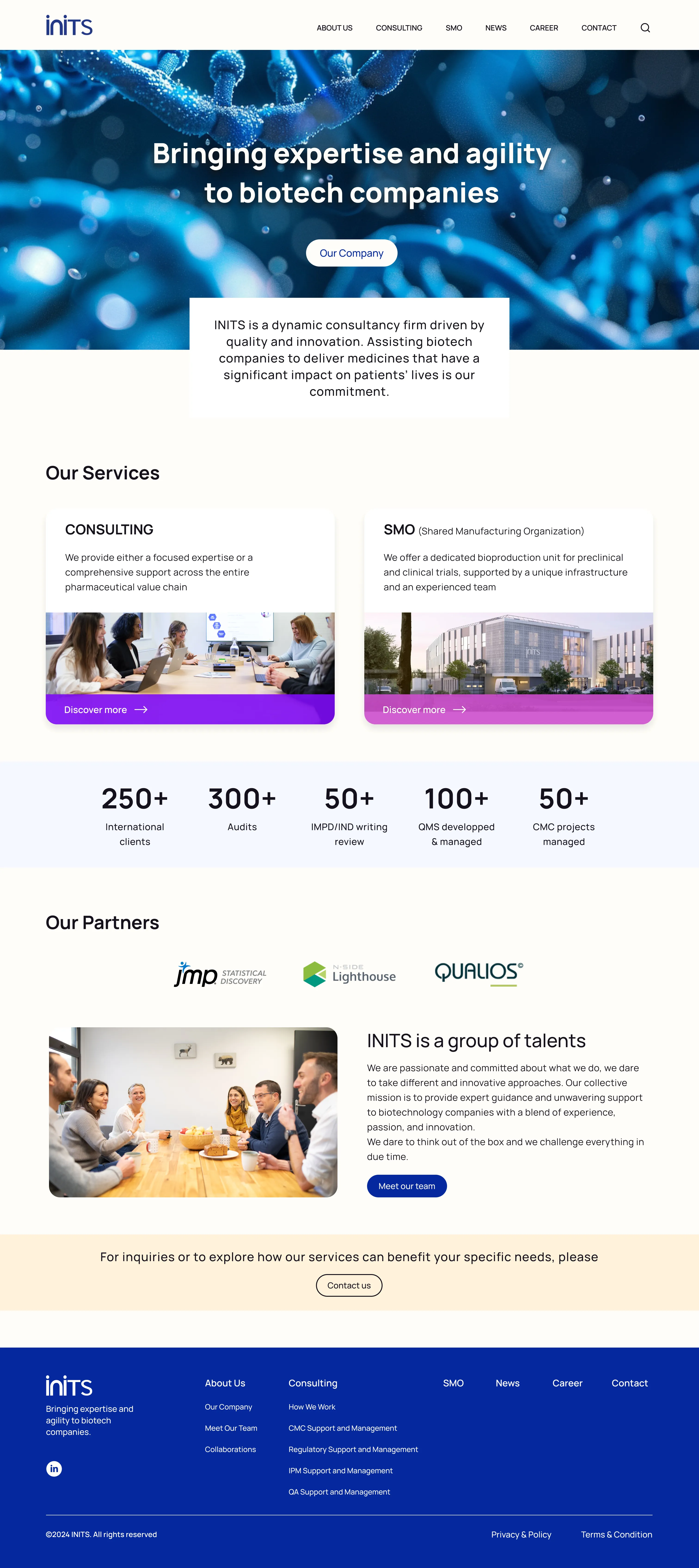 The full redesigned INITS homepage: clear navigation, still hero, service cards, proof points, partners, team, contact and footer.