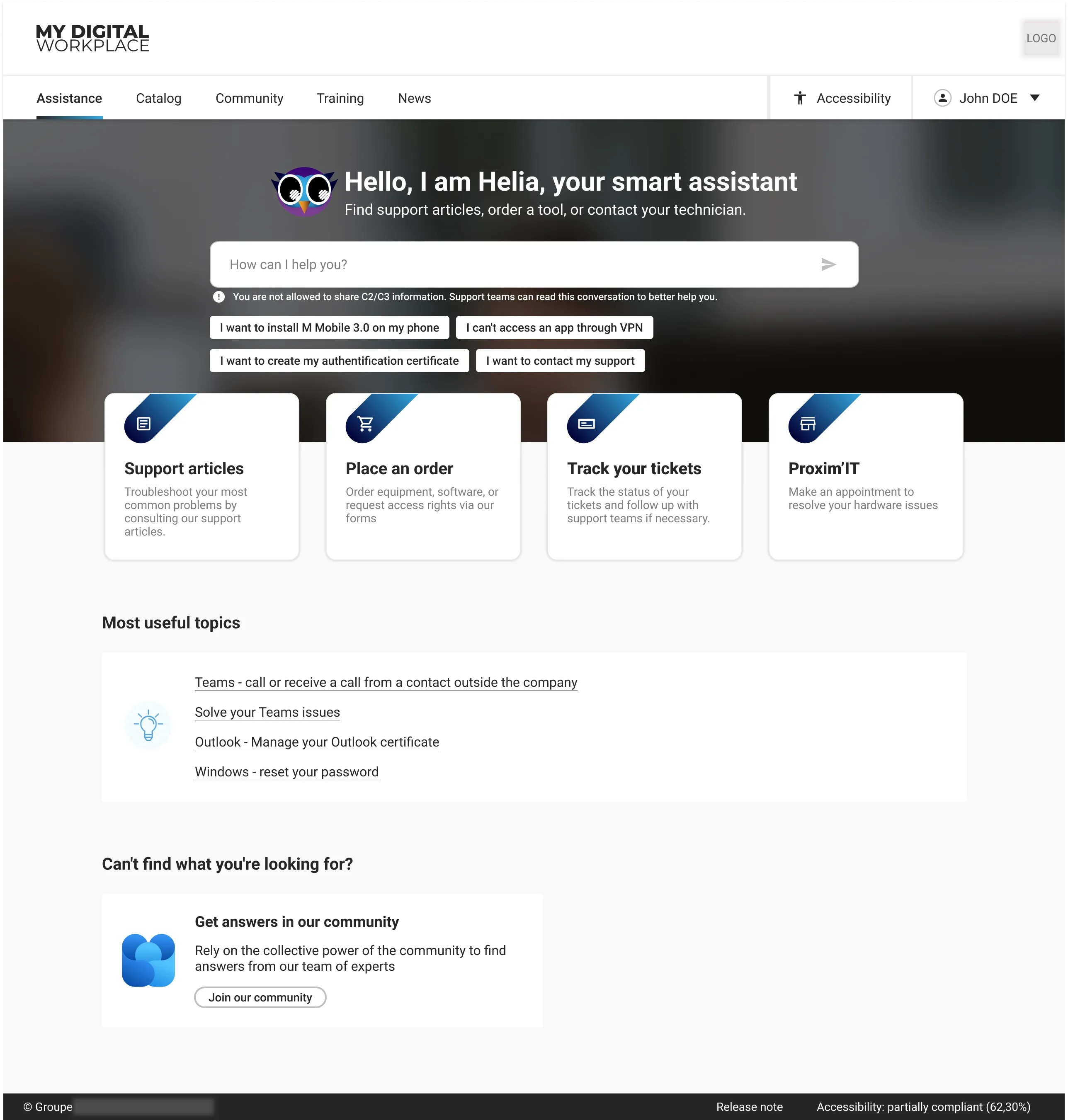 Step 3 — the redesigned Assistance page: Helia's input front and centre, with four service cards below