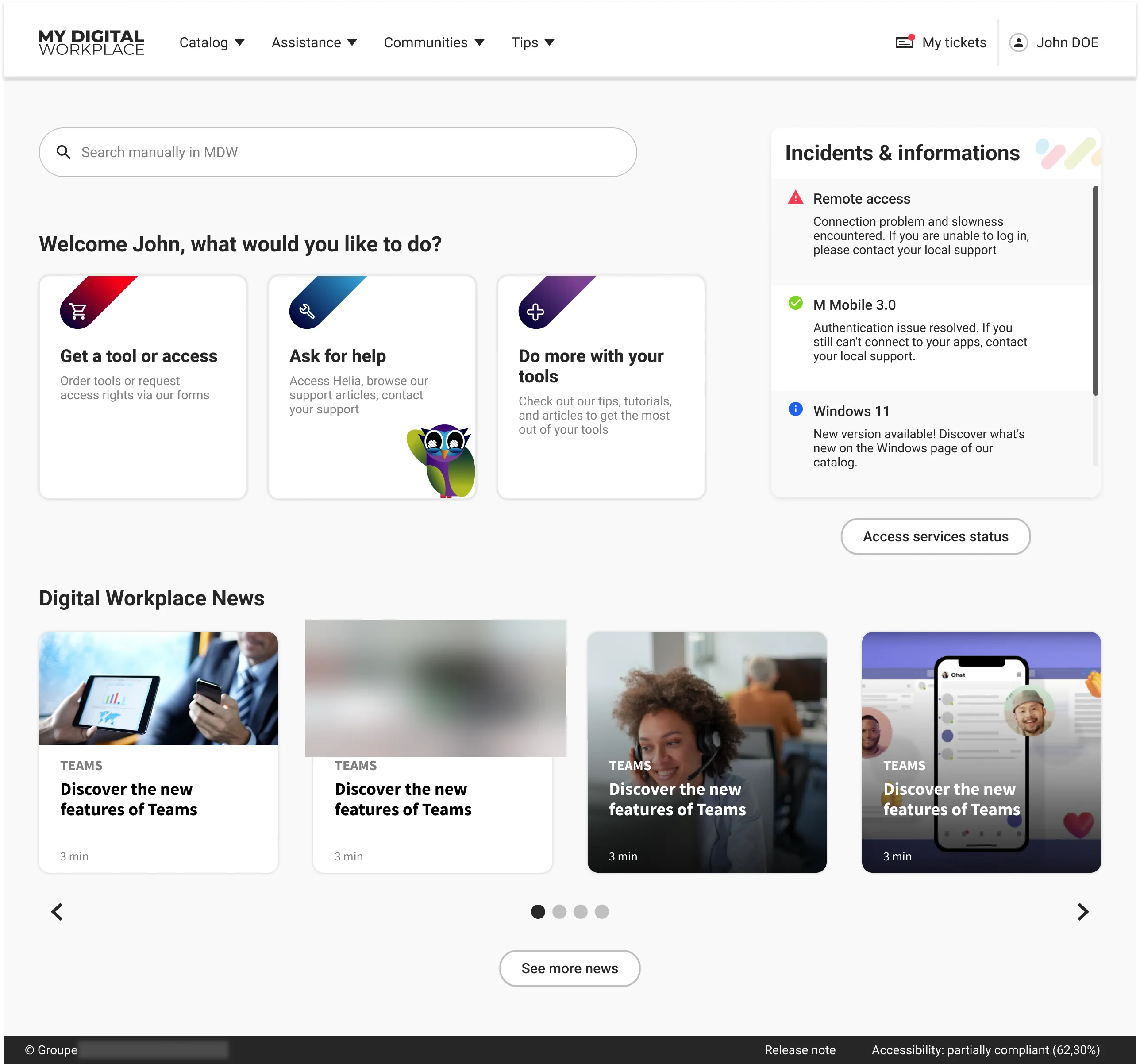 The new portal homepage: 'Ask for help' is one of three primary actions, with Helia's identity attached