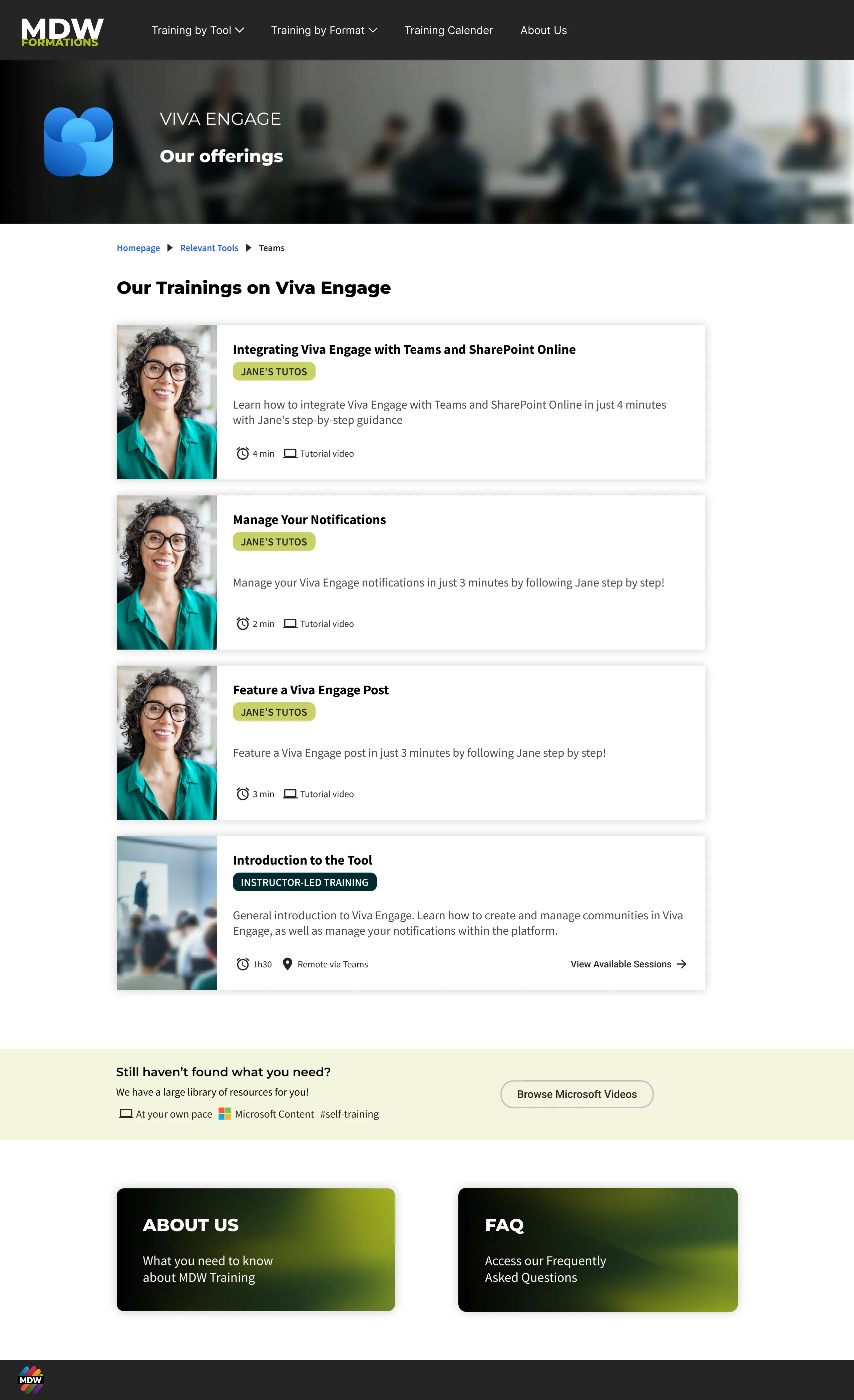 The full Viva Engage tool page: every tutorial and session in one list, ending with a band offering Microsoft’s library.