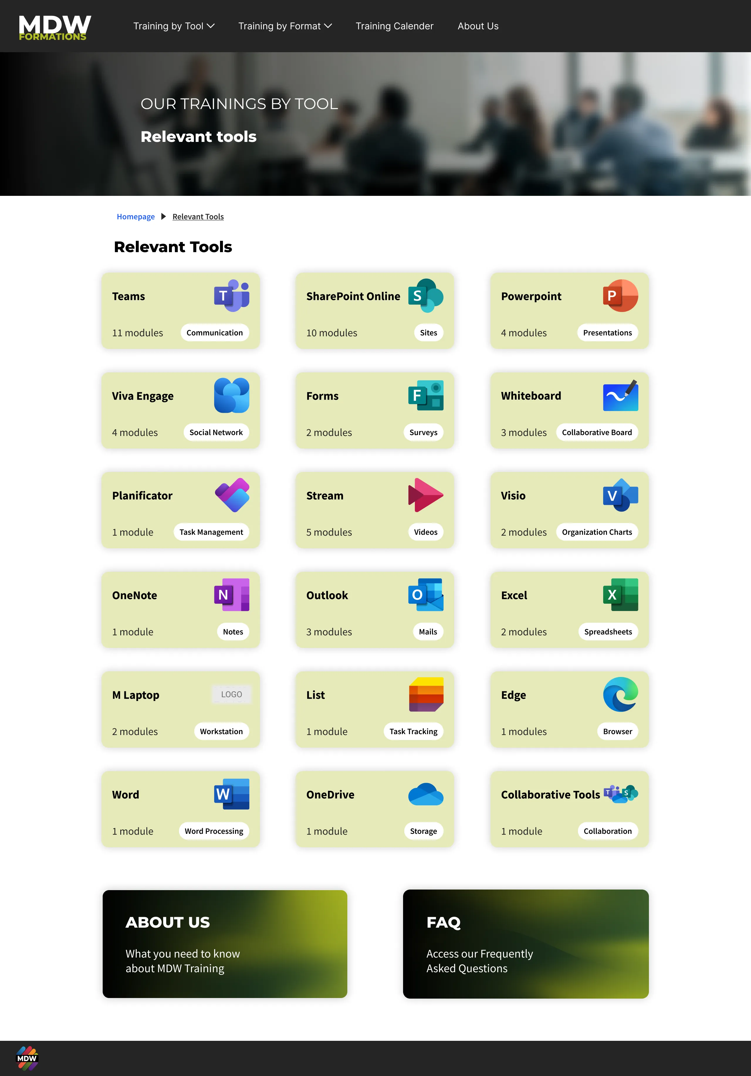 The full Training by tool page: a grid of every tool with its module count and use-case tag, above the About and FAQ links.