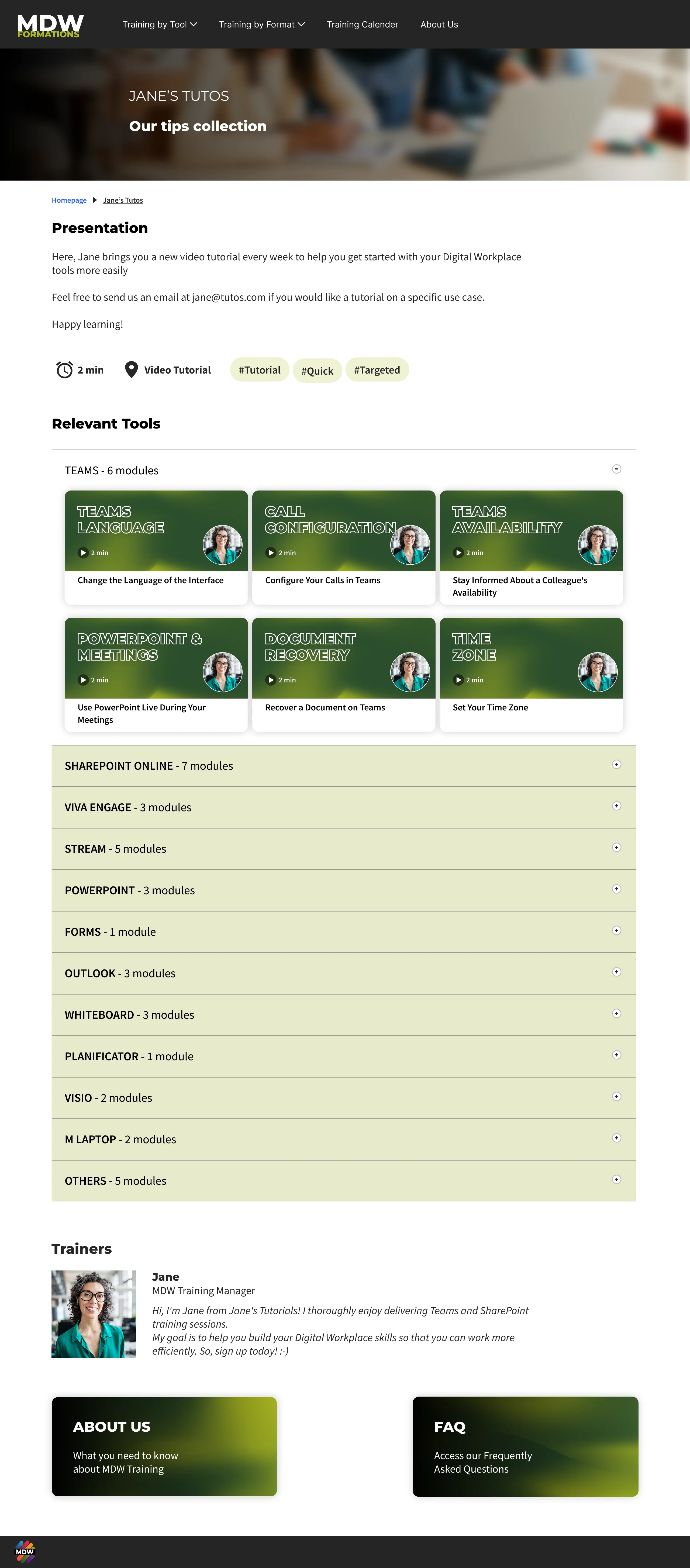 The full Jane's Tutorials page, with its introduction and tutorial cards grouped by tool.