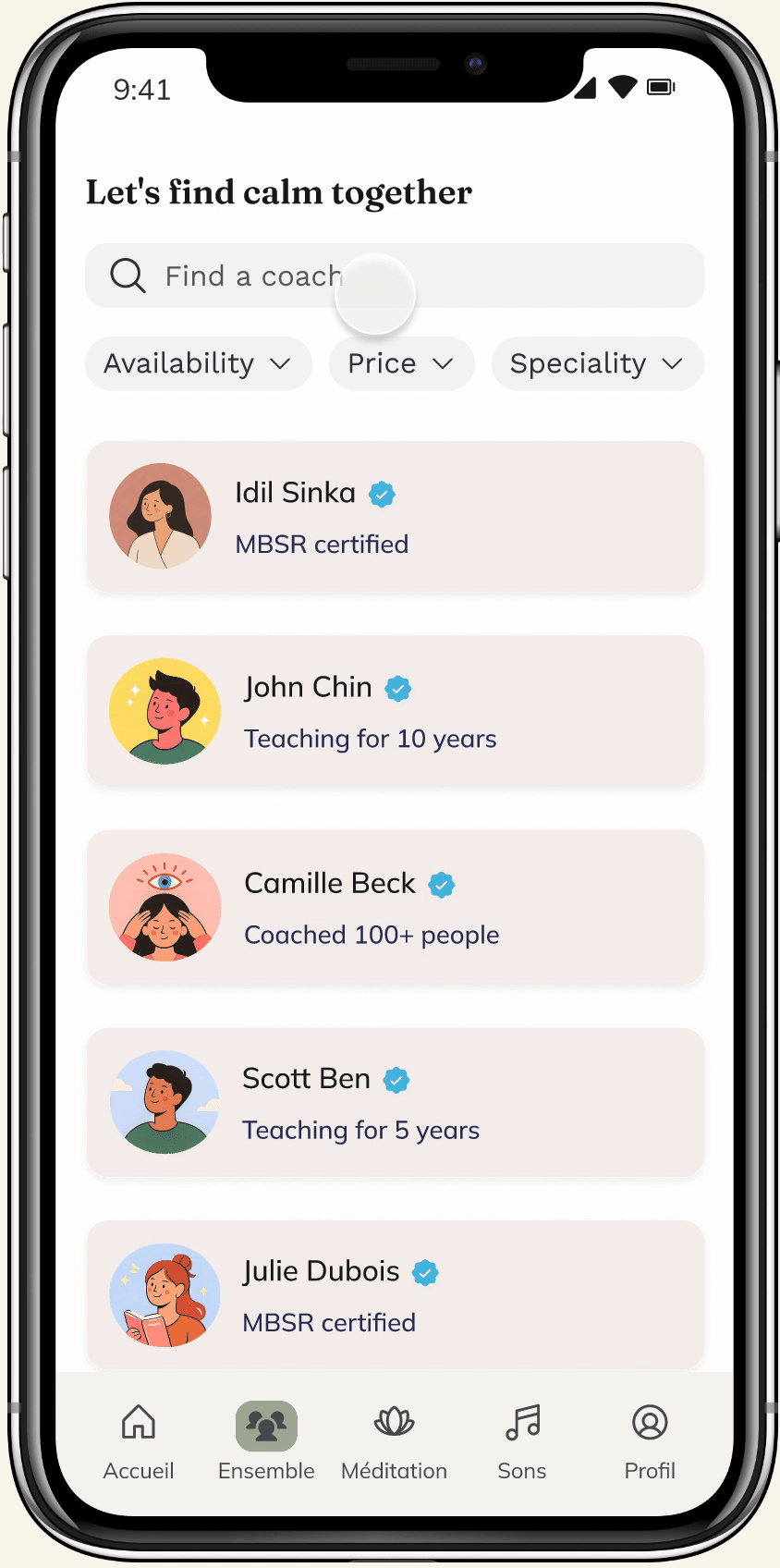 Browse the coach directory, open a coach profile and explore available sessions.
