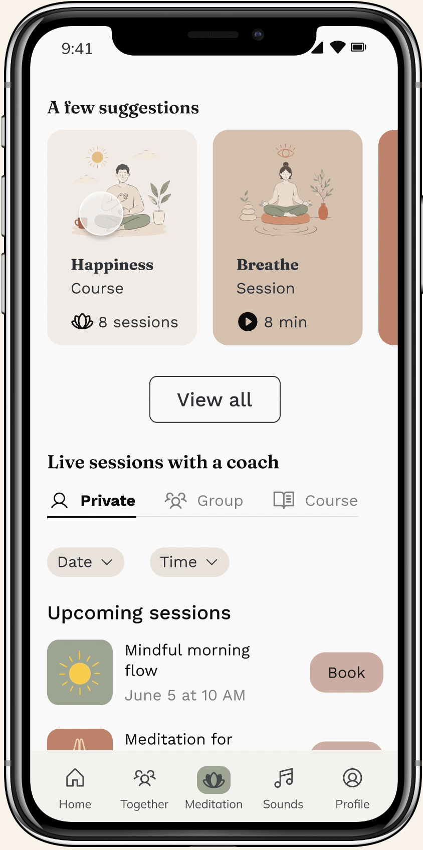 Personalized homepage after onboarding, followed by opening a session to view its details.